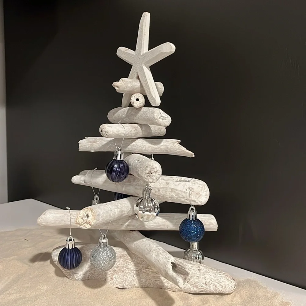 🆕 Coastal Driftwood Tree with Wood Star and Mini Ornaments Beach Tropical